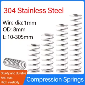 Compression Springs Wire Dia 1mm OD 8mm L 10-305mm 304 Stainless Steel Spring - Picture 1 of 8