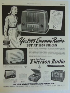 1948 EMMERSON RADIOS zu Preisen von 1939 Vintage Kunstdruck Anzeige - Bild 1 von 1