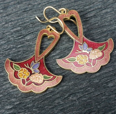 Pendientes colgantes Cloisonne esmalte rojo corazón flor alambres de oreja rellenos de oro mejorados Foto 1 de 3
