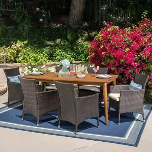 Matthew Outdoor 7 Piece Multibrown Wicker Dining Set with Teak Finish Rectangula - Picture 1 of 11