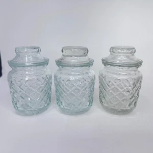 VTG Set of 3 Anchor Hocking Glass Lidded Canisters w/Lids 4 1/2” Diamond Pattern - Picture 1 of 11