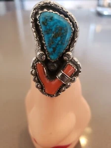 HUGE NATIVE AMERICAN NAVAJO MORENCI TURQUOISE CORAL STERLING SILVER RING SZ 8.75 - Picture 1 of 7