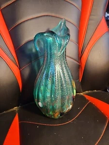 Jozefina Krosno Green Aventurine Gold Sculptural Vase Pitcher 13" Tall - Picture 1 of 4