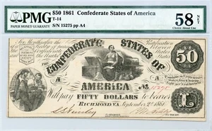 1861 $50 Confederate States of America T-14, Choice About Uncirculated, PMG AU58 - Picture 1 of 2