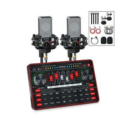 Audio Mixer with Sound Card, tenlamp Two 3.5mm Studio Condenser Microphone an... - Image 1 of 4