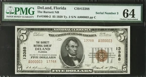 $5 1929-II Barnett National DeLand, FL Low Fancy SERIAL #3 A000003 PMG Ch Unc 64 - Picture 1 of 2