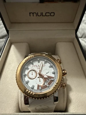 Mulco MW5 Chronograph Watch – White Silicone Strap, Gold Bezel. - Image 1 of 4