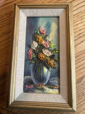 Pintura al óleo IMPASTO vintage ORIGINAL bodegón floral enmarcado MCM 6x10" Foto 1 de 4