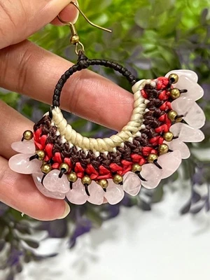 PENDIENTES BOHEMIOS GANCHILLO EB005 CON CUARZO ROSA (LOVE ENNERGY) Y CUENTAS   Foto 1 de 4