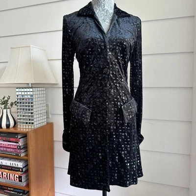 Vintage 90s Black Stretch Velvet Textured Jacket Coat by Janine Italian Vintage - Image 1 of 4