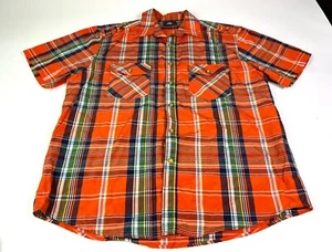 Red Ape Mens Button Down Shirt Short Sleeve Plaid Pattern Pocket Orange Large - Picture 1 of 7