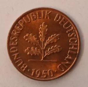 1950 D Alemania 1 Pfennig acero chapado en cobre 16,5 mm KM# 105 - Imagen 1 de 2