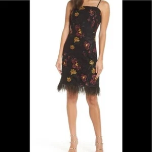 NEU Sam Edelman schwarz Spitze Blumenstickerei Federsaum Mini Cocktail Kleid 8 - Bild 1 von 11
