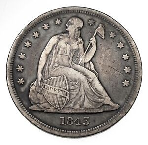 1843 $1 Seated Dollar in Fine Condition, VF in Wear, Scratch on Obverse
