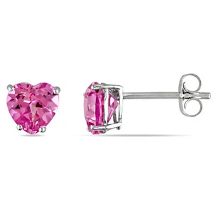 Amour 10k White Gold Created Pink Sapphire Stud Earrings - Picture 1 of 4