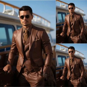 3Pcs Khaki Leather Men's Suits Peak Lapel Fashion Tuxedos Wedding Groom Blazer - Picture 1 of 6