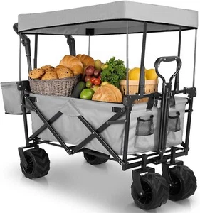 Bollerwagen Faltbar Strandwagen Handwagen Kinderwagen Gerätewagen mit Dach Grau - Bild 1 von 7