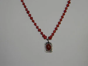 Small Sterling Silver Carnelian Pendant on Red Glass Bead Necklce - Picture 1 of 10