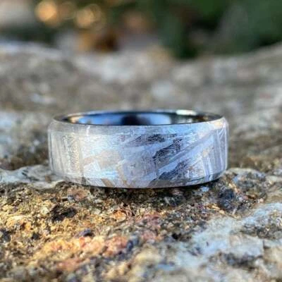 Authentic Meteorite Wedding Band with Black Titanium Sport Sleeve - 8mm Genuine  - Image 1 of 4