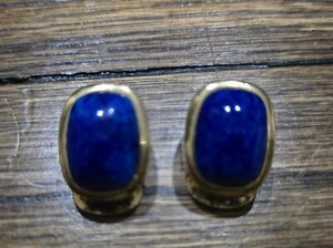 Christian Dior Vintage 1980s Lapis Navy Square Cabochon Clip-on Earrings - Picture 1 of 4