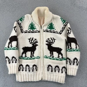 Vintage Cowichan Adult Medium Handknit Wool Zip 60s Cardigan Jacket Deer Outdoor - Picture 1 of 11