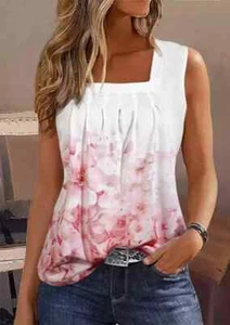 "CLEARANCE" Women's Cherry Blossoms Ruffled Square Collar Tank - Sizes: M - L - Picture 1 of 4