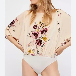 Free People Intimately Floral Velvet Bodysuit Size S Beige Dolman Sleeve Brown - Picture 1 of 13