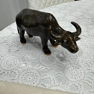 Mottled Drip Glazed Brown Ceramic Water Buffalo Pottery Asian Folk Art 8” - Picture 1 of 10