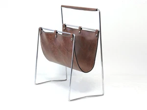 Portariviste in acciaio cromato e pelle anni 60'/70' Vintage - Foto 1 di 5