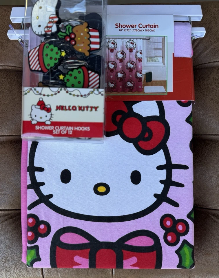 SANRIO HELLO KITTY CHRISTMAS HOLIDAY SHOWER CURTAIN AND HOOKS NWT - Image 1 of 1