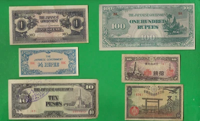 JAPAN  1942 - 1946 ~ WITH WW2 MILITARY MONEY ~ 6 X PAPER MONEY LOT # 9356 (*-*) - Image 1 of 2