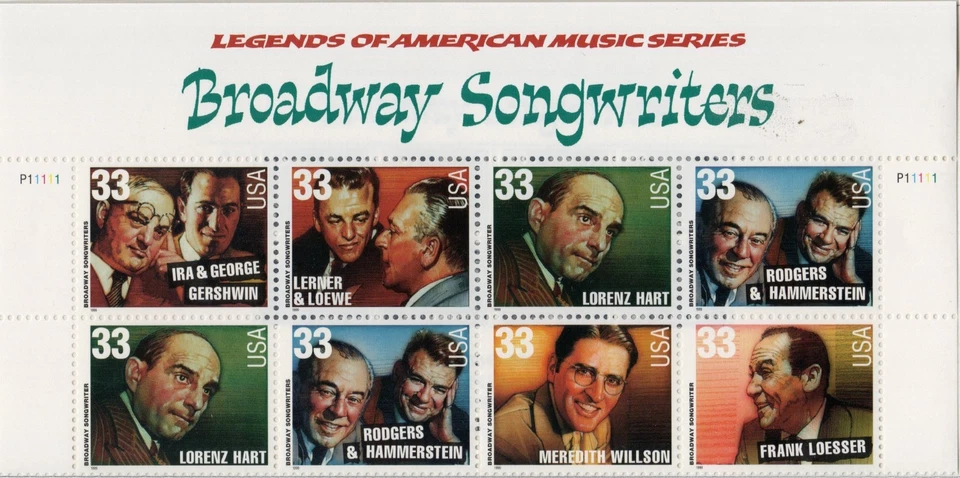 US Scott #3350a Plt. Blk of 8, "Broadway Songwriter", with top tab, 2 plt.#, MNH - Image 1 of 1