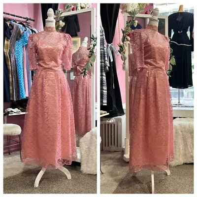 Maxi Vestido Pradera Vintage Años 70 80 Rosa Encaje Mangas Abullonadas Cottage Romántico XS Foto 1 de 4