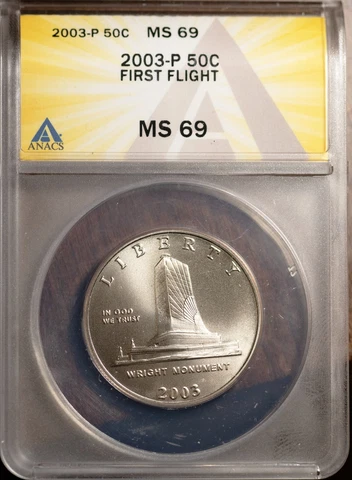 2003-P 50c First Flight Half-dollar MS 69 New ANACS # 7505346 + Bonus Cover