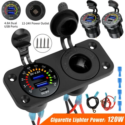 12V/24V Doble USB Coche Cargador Rápido Enchufe Toma de corriente Voltímetro Barco Marina RV Foto 1 de 4