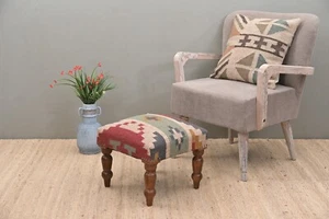 Handcrafted Acacia Wood Stool with Decorative Kilim Upholstery | Elegant Footsto - Picture 1 of 5