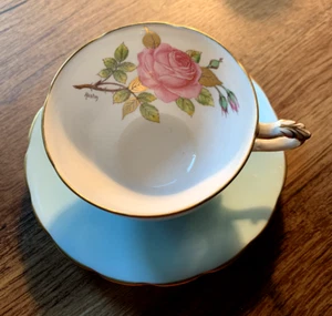 Adderley Cup & Saucer Floral Blue Pink Cabbage Rose Signed Austin Gold England - Picture 1 of 8