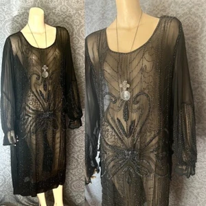 Lujoso Vestido de Ocasión Negro Tintado Transparente Mangas Largas Con Cuentas Hematita Años 20, XXL - Imagen 1 de 10