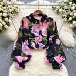 Women Floral Mesh Sheer Blouse Shirt Top Puff Sleeve Retro Elegant Casual - Picture 1 of 13