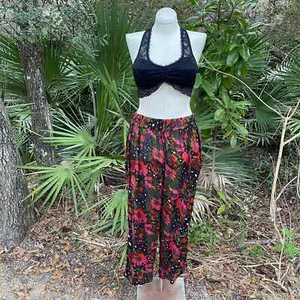 Vintage 90s Sheer Black Rayon Pants Floral and Polka Dot Print Passports Size M - Picture 1 of 12