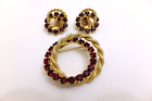 VINTAGE RED CZ BROOCH 1" AND CLIP ON EARRINGS 3/4" MATCH SET UNIQUE & STUNNING!