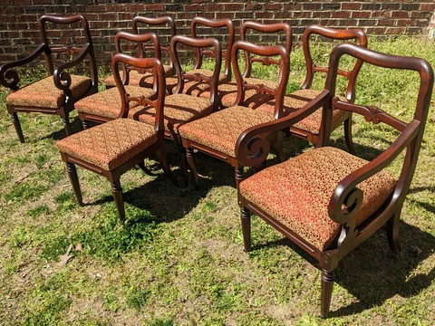 Antique English Victorian Set of 10 Mahogany Balloon Back Dining Chairs 1850s Cover