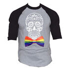Men's Rainbow Bowtie Sugar Skull Gray Baseball Raglan T Shirt Lgbt Gay Pride Tee