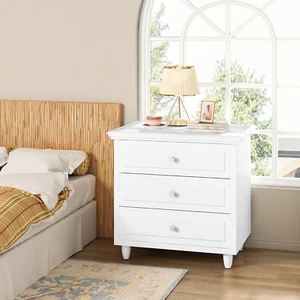3 Drawers Nightstand, with Wood Legs,Modern White Drawers Dresser Bedside Nights - Picture 1 of 11