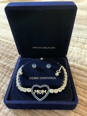 Conjunto de brincos de prata fina com zircônia cúbica coração azul mãe caixa de presente💓 - Imagem 1 de 4