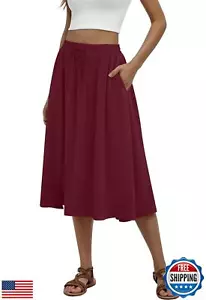 MLXSJ Women's Midi Skirt Summer Pleated Flowy Elastic High Waisted Skirts wit - Picture 1 of 3