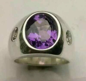 Men's 3.00Ct Oval Lab-Created Amethyst Wedding Band Ring 14K White Gold Plated - Picture 1 of 5