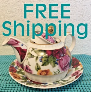 CLEARANCE *Porcelain China Teapot & Plate Floral Print by Popular Imports #TF004 - Picture 1 of 15