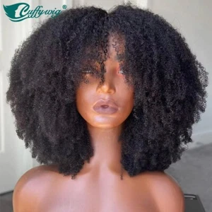 200% Afro Kinky Curly Bangs Brazilian Human Hair Wigs Scalp Top Machine Made Wig - Picture 1 of 15
