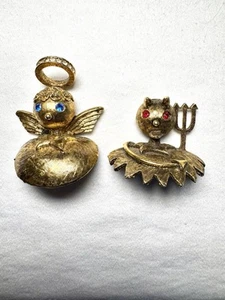 Vintage Set 2 Tortolani Angel & Devil Voiсe of Conscience Shoulder Broochs Pins - Picture 1 of 17